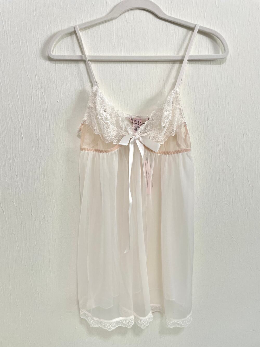 Victorias Secret Womens Babydoll Lingerie Top M White Lace Sheer Coquette NWT